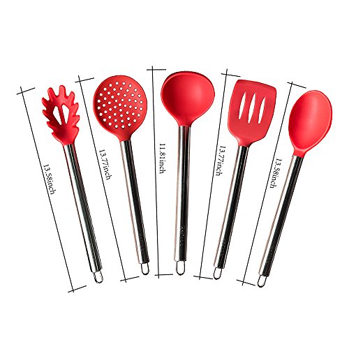 TTLIFE hochwertig 5-teilig Küchenhelfer Set aus Silikon mit Edelstahl Griff- Pfannenwender, Schaumlöffel, Suppenkelle, Spagettilöffel, Soßenlöffel - 6