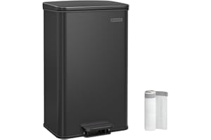 SONGMICS Kosz na śmieci kuchenny, 40 l, duży kosz na śmieci z pedałem, ze stali, z pokrywą, Softclose, w zestawie 15 worków na śmieci, czarny LTB540B4002