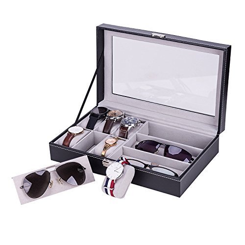 CO-Z Leather Watch Sunglasses Display Storage Case Stand for 6 Watches & 3 Sunglasses Eyewears, Waterproof Black