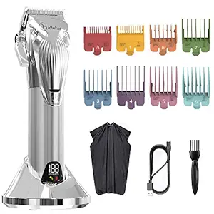 Hatteker Hair Clipper for Men Cordless Hair Trimmer Professional Hair Cutting Kit Barber Clipper Beard Trimmer with 8 Colorful Combs USB Rechargeable (Silver)