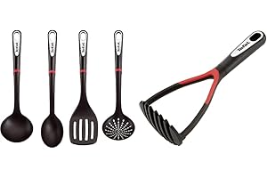 Tefal K206S414 Ingenio Set de Spatule, Cuillère, Louche et Cuillère Passoire Argent Noir 17.2 x 8.1 x 36 cm & K2071214 Ingenio Presse-purée, Acier