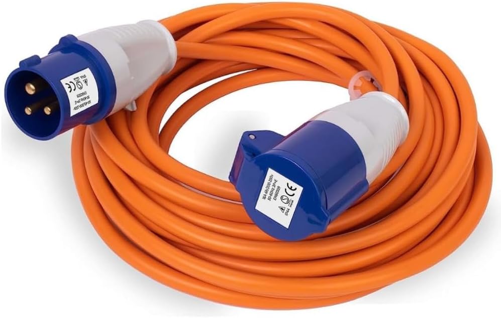 Heavy Duty Caravan Hook Up Cable, 15M Extension Lead Cable, 16 Amp Cable 240V Camping Extension Lead, High Visibility Orange - Perfect for Campervans & Motorhomes (15M)