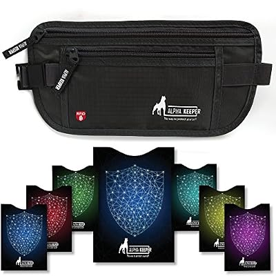 Alpha Keeper Ceinture portefeuille RFID pour voyage avec pochettes protectrices RFID pour 1x passeport et 6x cartes de crédit
