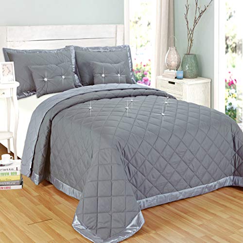 Modern Quality 5 Piece Diamond Quilted Reversible Bedspread Comforter Bedding Set (Double, Grey)