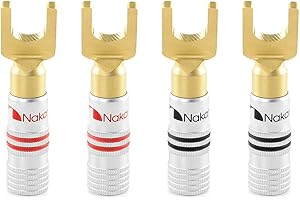 Nakamichi Clavija Banana 12-18 AWG 4 mm 24K Chapado en Oro Enchufe de plátano Adaptador para Altavoces con Cable y Amplificador de Altavoz HiFi 4 Piezas (2 Pares) Terminal de Horquilla