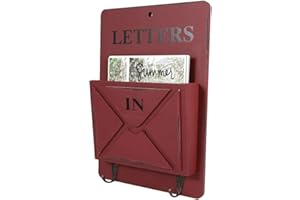 Asixx Zeitungshalter Wand, Post Halter Dekoratives Wandregal aus Holz und Eisen für die Aufbewahrung von Briefen, Postkarten, Zeitungen usw, 18 x 4,2 x 26 cm(Rot)