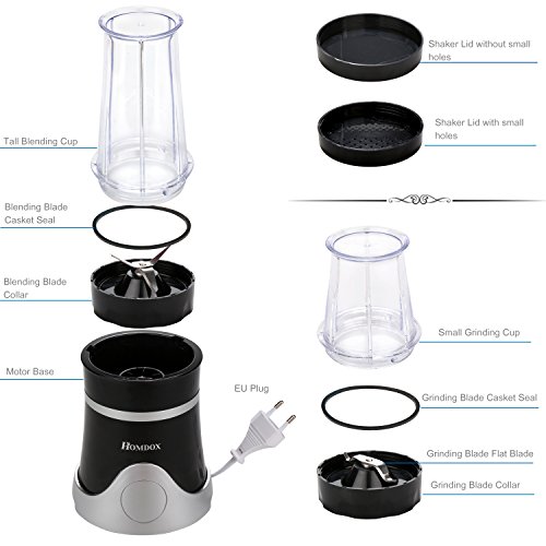 Homdox Mini Mixer Smoothie, 4 Edelstahlmesser mit Saftbecher, Grinding Cup, Seal Ice Cup und 2 Spare Lids, Standmixer Set 250W - 5