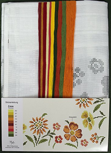 Stickpackung BLUMENWIESE / Komplettes Vorgezeichnetes Tischdecken Set zum Sticken / Blumen Stickset mit Stickvorlage für Erwachsene / Sticken im Kreuzstich - 3
