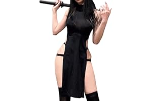 JasmyGirls Seksowna bielizna cosplay z wysokim rozcięciem, sukienka babydoll, Halloween, anime, ninja, strój do odgrywania ról, gotycka, wysoka talia, bez rękawów