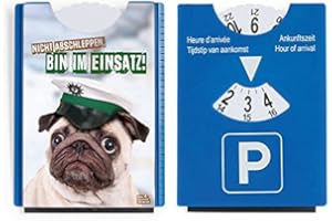 AUTDER Fun disco orario con motivo divertente, raschietto per ghiaccio e pulivetro in gomma, carlino "Da non rimorchiare, sono incluso." (in tedesco, lingua italiana non garantita).