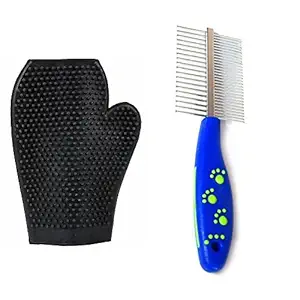 Pet Needs Double Sided Pet Comb Stainless Steel Pin Dog Grooming Brush with Grooming Gloves (Blue)