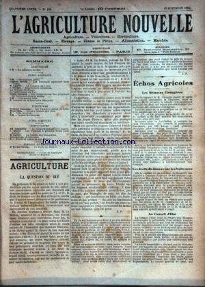 AGRICULTURE NOUVELLE (L') [No 186] du 10/11/1894 - AGRICULTURE PAR SERVIN - LATIERE - TROUDE - SAILLARD - VITICULTURE PAR COUANON - BLIN - HORTICULTURE PAR COUTURIER - MOTTET - MATIERE - ELEVAGE PAR GEORGE en ligne
