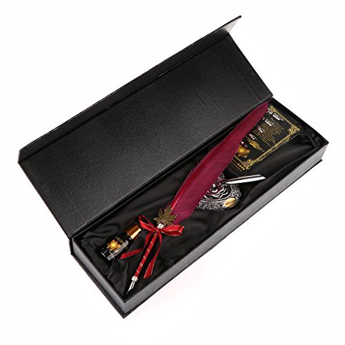 Pen Kit Gänsekiel Dip Pen Kit handgeschnitzt Feder Dip Pen Kit mit eleganten Carving Stift Ständer/Tinte Flasche/5 x Feder (schwarz/rot/grün) – rot - 5