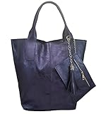  Freyday Damen Echtleder Shopper mit Schmucktasche in vielen Farben Schultertasche Henkeltasche Handtasche Metallic look (Dunkelblau Metallic)