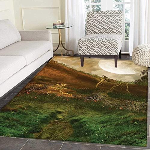 Nature Rug Kid Carpet Exquisite Valley with Giant Full Moon Sky Enchanted Fantasy Scenery Home Decor Foor Carpe Peach Fern Green Cinnamon