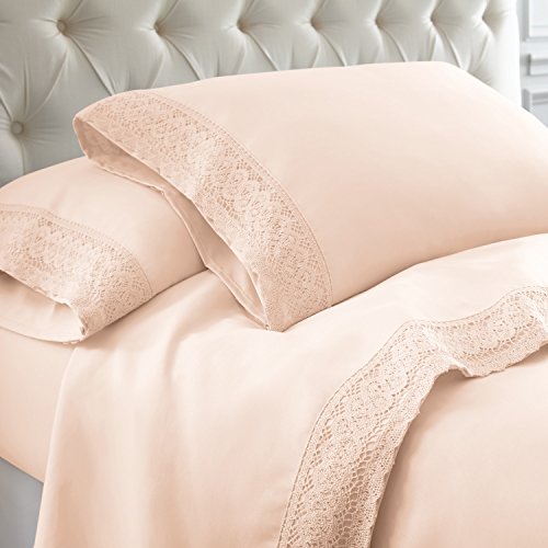 Modern Threads Pacific Coast Textiles 4 PIECE CROCHET LACE MICROFIBER SHEET SET BLUSH FULL, Microfibre