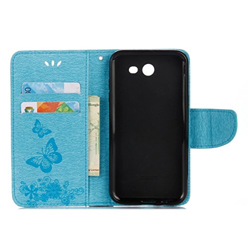 Galaxy J3 2017 Lederhülle,Samsung Galaxy J3 2017 Brieftasche,JAWSEU Vintage Retro Braun Schwarz Magnetverschluss Bookstyle Lanyard/Strap Kunstleder PU Leder Brieftasche Hülle Wallet Case Flip Cover Hü Blau Schmetterling