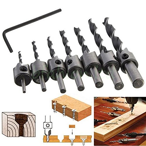 TILY 7 HSS 5 Flöte Kegelsenker Bohrer Bit-Set Zimmerei Reibahle Holz Entgratung Schaftfräser 3–10 mm