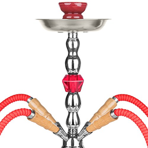 Mianova Shisha Hookah Set aus Glas: Wasserpfeife, 4 Schäuchen, Kohle, 5 Mundstücke und Zange – Rot - 4