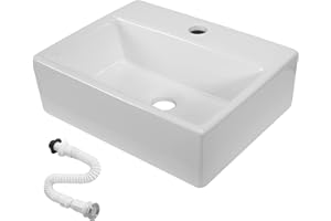 MAGIC SELECT Lavabo de Cerámica, Lavamanos Blanco de Aseo Anti-manchas, Lavabo sobre encimera para Baño, Fácil de Limpiar y con Conexiones Estándar. Ideal para Cocina o Baño. (42x31x13 CM)