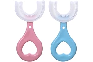 JDXun 2 PCS Cepillo de Dientes en Forma de U, Cepillo de Dientes para Niños, Cabezal de Cepillo Dientes de Silicona Suave, Limpieza de 360° Boca para Niños de 2 a 12 Años(Rosado&Azul)