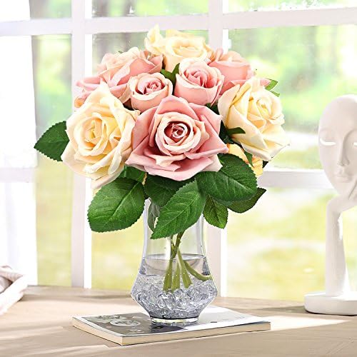 CRMICL Artificial Flowers, Fake Flowers Silk, Artificial Rose Silk Flower Decoration Bouquet Pink, Plastic Artificial Roses 9 Heads Bridal Wedding Bouquet for Home Garden Party Wedding Decoration