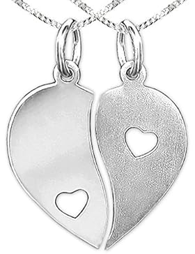 CLEVER SCHMUCK-SET Silberner Anhänger kleines Herz 15 x 15 mm links matt, rechts glänzend mit jeweils einem offenem...