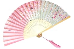 HICET Pink with Butterflies Floral Patterned Hand Fans come with fan bag, Vintage Silk and Japanese Lace Designs with Bamboo Frames, Handheld Folding Fans Perfect for Weddings, Parties and Church Events