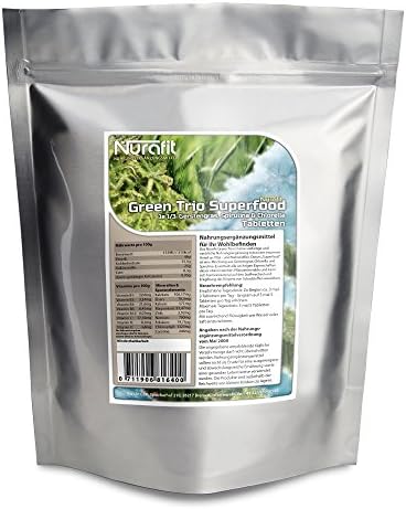 NuraFit Green Trio Tablets - Raw Food Quality &amp;#x2013; Multivitamin Tabs made from 100% pure Barley grass, Chlorella &amp; Spirulina - vegan Detox Superfood (500g)