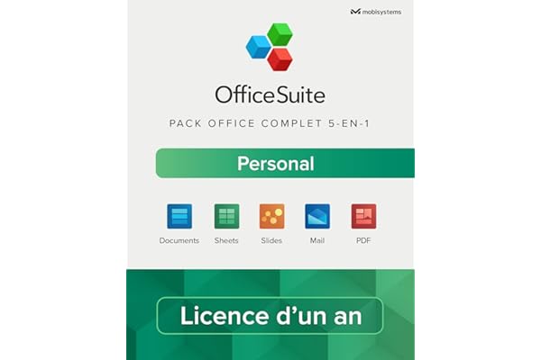 OfficeSuite Personal – Version complète – Documents, Sheets, Slides, PDF, Mail & Calendar pour 1 PC Windows et 2 appareils mobiles / Licence de 1 an