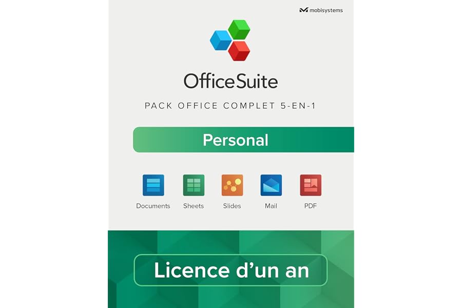 OfficeSuite Personal – Version complète – Documents, Sheets, Slides, PDF, Mail & Calendar pour 1 PC Windows et 2 appareils mo