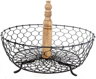 Wood Decorative Metal Black Wire Fruit Egg Storage Display Basket
