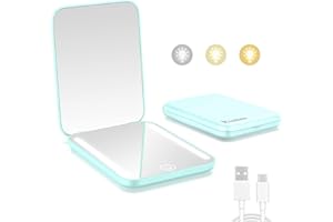 Kintion Rechargeable Pocket Mirror, 1X/3X Magnification LED Compact Travel Makeup Mirror, 3 Color Temperature, Dimmable, 400mAh, Portable Compact Mirror, Small Purse Mirrors for Women Gift, Cyan