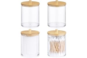 Navaris Dispensador Discos desmaquillantes - 3X Organizador bastoncillos y 1x dispensador de algodones desmaquillantes - Botes organizadores de baño apilables con Tapa de bambú