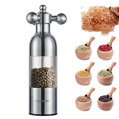 HILLPOW Edelstahl Pfeffermühle Acryl Salzmühle , Einstellbarer Salz- und Pfeffermühle 6,5 Zoll, Easy mit 3 Knöpfe bedienen