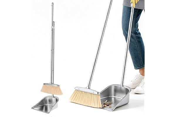 Kvast och sopskyffelset med långt handtag 118 cm | Rostfritt stål sopkvast och upprätt spade med kamtänder, högeffektivt sopset för hem, kontor, terrass, veranda
