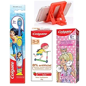 Colgate Kids (5+ years) Wonder Woman Toothbrush Extra Soft with Tongue Cleaner + (3-5 years) Strawberry Mint Flavor Two pastes 0% Artificial flavors For Kid 80g+ (Free Mobile Holder)