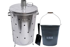 Trendi 90 Litre Extra Large 90L Galvanised Metal Incinerator + Shovel Recycle Garden Rubbish Fire Wood Burner Burning Leaves Hot Ash Bucket Coal & Box Lid (90L Inci + Grey Ash Bucket & Shovel)