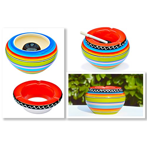 Aschenbecher aus Keramik – 4 Stück – bunt gestreift – mit rotem Deckel – neu - 4