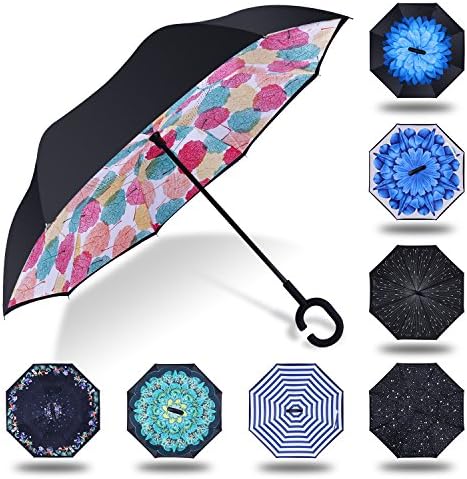 Windproof UV Protection Reverse Folding Double Layer Inverted Umbrella with C shape Handle, Self Standing, Inside Out , Hand Free, Best for Travelling and Car Use (Big Maple)