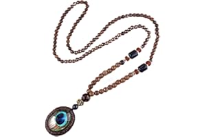 Teegxddy naszyjnik męski, różaniec damski naszyjnik, męski naszyjnik różaniec, drewniany naszyjnik z koralikami z piór, długi naszyjnik z wisiorkiem w stylu etnicznym, naszyjnik z koralikami Bodhi(B)