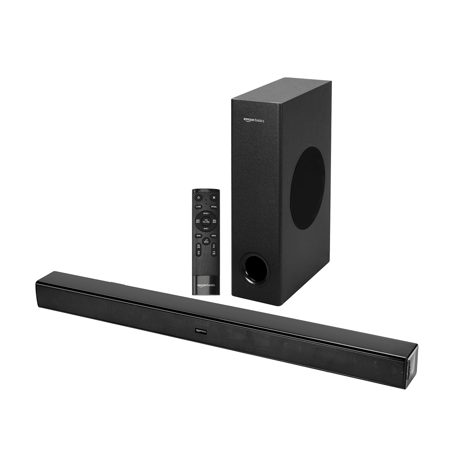amazon basics Soundbar with Wired Subwoofer, 90W RMS, 2.1 Channel, Remote Control, BT v5.3, HDMI (ARC Cable), Optical, Aux, USB, Compatible with TV, Smart Phones, Tablets, PCs (Black)