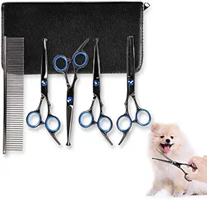 YOUTHINK Dog Grooming Scissors Kit, Stainless Steel Fast Cut Pet Grooming Scissors Set, Safety Round Tip Thinning, Straight, Curved Shear with Grooming Comb for Cutting Hair of Dog, Cat or Other Pet