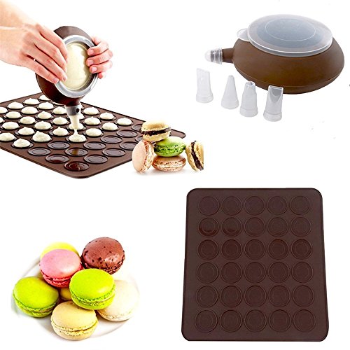 SOEKAVIA 48-capacity Set de cuisson macaron Moule en silicone avec presse Décoration Stylo de beurre de cuisson outil Moule Kit (Café)