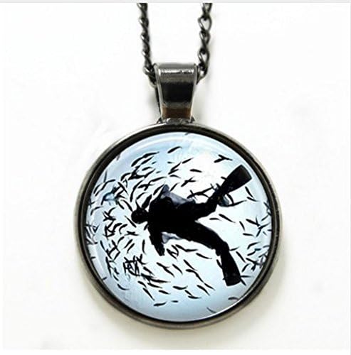 Scuba Diver Necklace, Snorkeling Swimming Nautical Ocean Art Necklace, Diver Print Glass Necklace