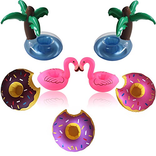 UClever Aufblasbare Pool Coasters Getränkehalter Flamingo Rosa Palme Krapfen Bierdeckel, 3 Stil von 7 Stück