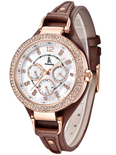 Alienwork Quarz Armbanduhr Multi-funktion Uhr Damen Uhren Perlmutt Strass Leder weiss braun K002GA-05 Alienwork Quarz Armbanduhr Multi-funktion Uhr Damen Uhren Perlmutt Strass Leder weiss braun K002GA-05