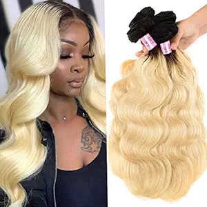 UNice 10A Grade Brazilian Blonde Body Wave Remy Hair 1 Bundles Two Tone Ombre 1B 613 Color Dark Roots Human Hair Extensions Weave (18inch, 1b/613Color)