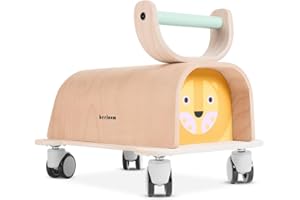 Beeloom - Cadre de marche, LIONER, équilibre, bois naturel, trotteur pour bébé et enfant avec rangement, dès 1 an, roues 360°, jaune, design lion