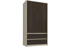 Framire B-9 szafa na ubrania z dębu Sonoma Mix Wenge dąb 2-drzwiowa szafa na ubrania, 2 szuflady, szafa na ubrania do sypialni, salonu, korytarza, 180 x 90 x 55 cm